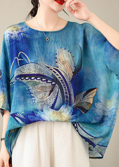 Beautiful Blue O Neck Print Cotton T Shirt Top Summer