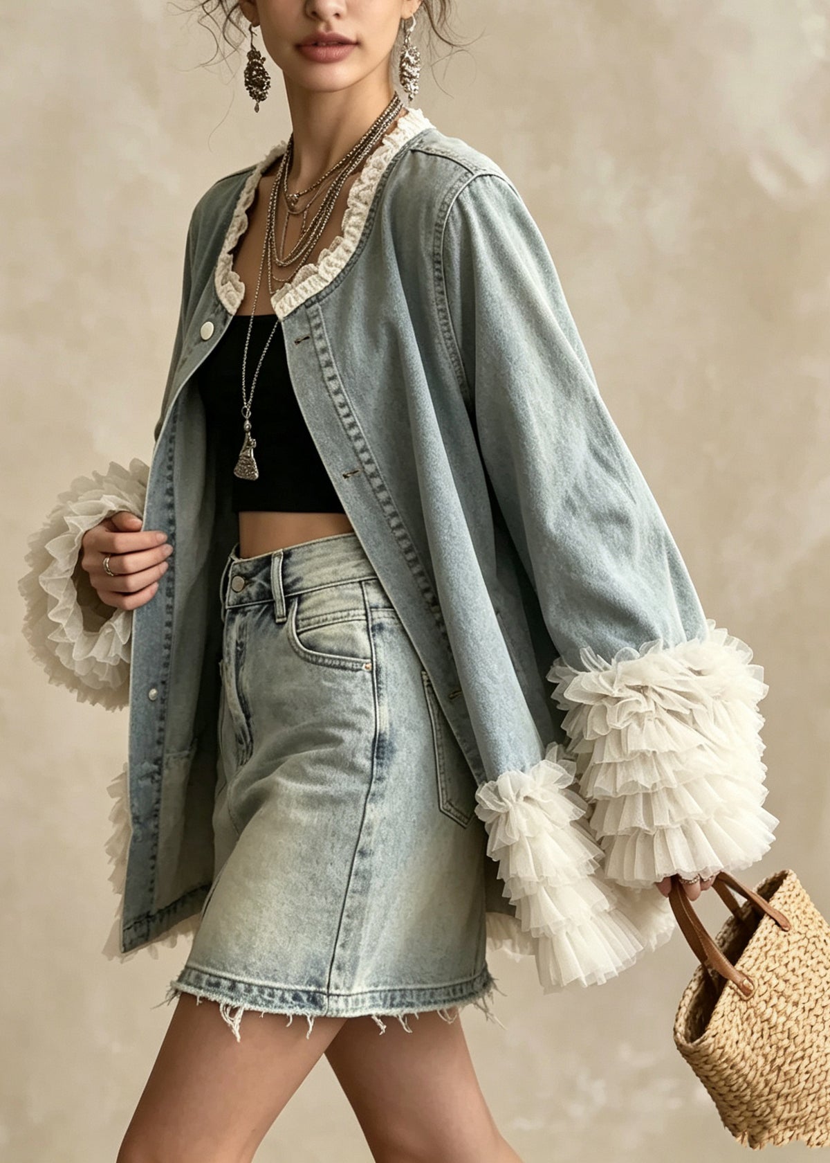 Beautiful Blue O Neck Ruffled Patchwork Denim Coat Fall