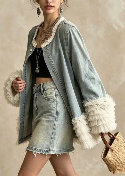 Beautiful Blue O Neck Ruffled Patchwork Denim Coat Fall
