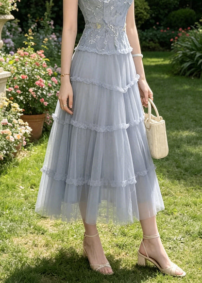 Beautiful Blue O-Neck Sequins Patchwork Tulle Long Sundress Sleeveless