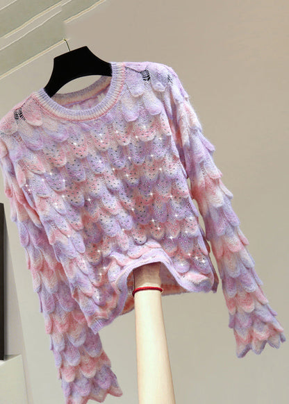 Beautiful Blue O-Neck Zippered Hollow Out Cotton Knit Sweater Flare Sleeve