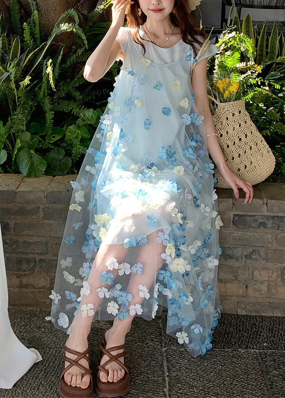 Beautiful Blue Oversized Floral Chiffon Long Dresses Two Piece Set Summer