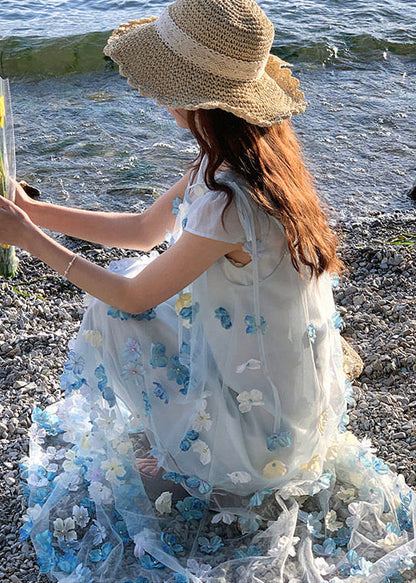 Beautiful Blue Oversized Floral Chiffon Long Dresses Two Piece Set Summer