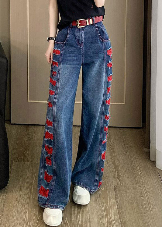 Beautiful Blue Patchwork Hole Wide Leg Jeans Spring