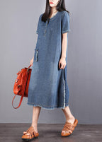 Beautiful Blue Pockets Button Fall Denim Short Sleeve Party Dress