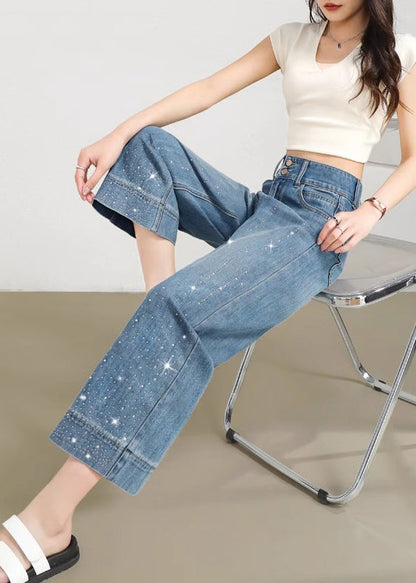 Beautiful Blue Pockets Zircon Denim Crop Pants Summer