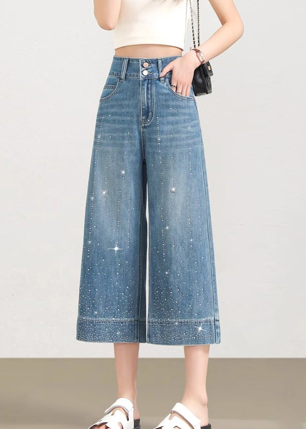 Beautiful Blue Pockets Zircon Denim Crop Pants Summer