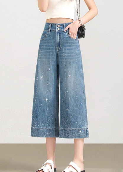 Beautiful Blue Pockets Zircon Denim Crop Pants Summer