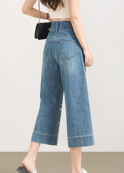 Beautiful Blue Pockets Zircon Denim Crop Pants Summer