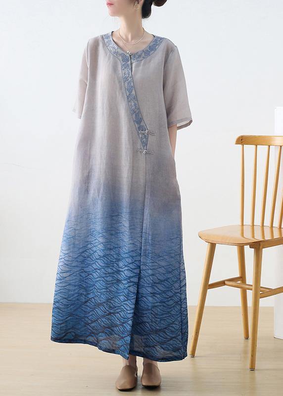 Beautiful Blue Print Embroidery Oriental Mid Summer Linen Dress - SooLinen