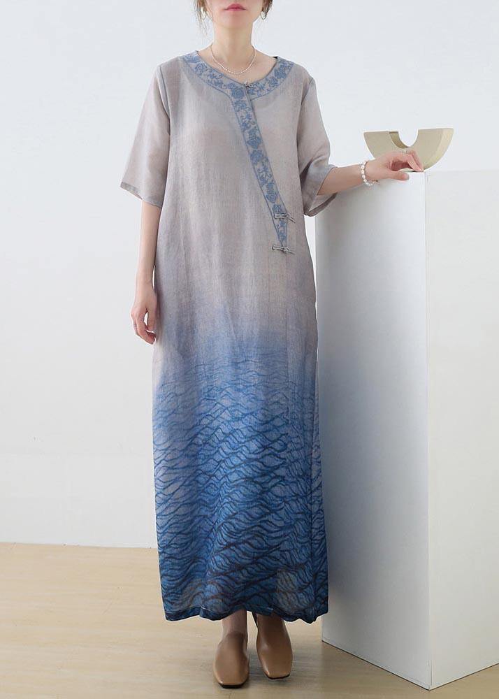 Beautiful Blue Print Embroidery Oriental Mid Summer Linen Dress - SooLinen