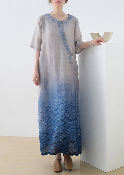 Beautiful Blue Print Embroidery Oriental Mid Summer Linen Dress - SooLinen