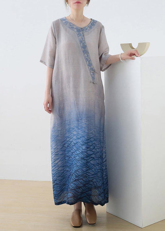 Beautiful Blue Print Embroidery Oriental Mid Summer Linen Dress - SooLinen