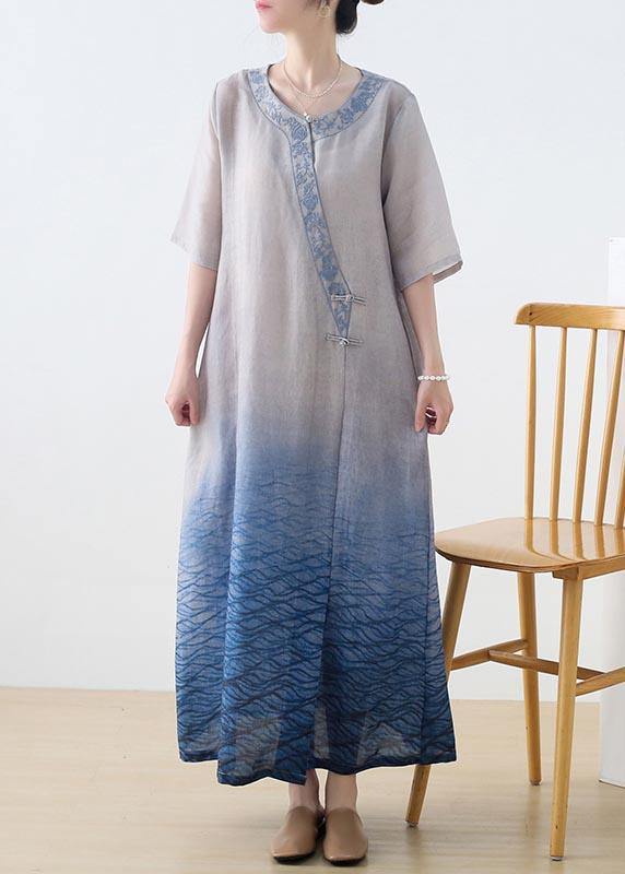 Beautiful Blue Print Embroidery Oriental Mid Summer Linen Dress - SooLinen