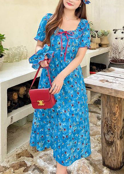 Beautiful Blue Ruffled Print Chiffon Maxi Dress Summer