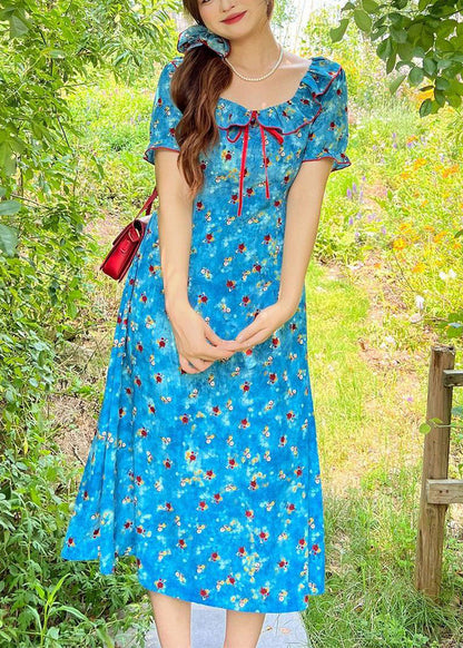 Beautiful Blue Ruffled Print Chiffon Maxi Dress Summer