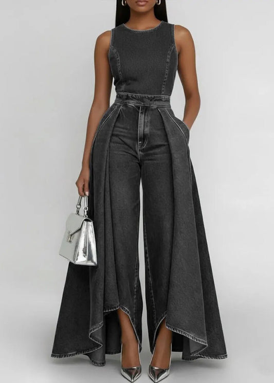 Beautiful Blue Silm Fit Patchwork Denim Wide Leg Pant Jumpsuit Sleeveless