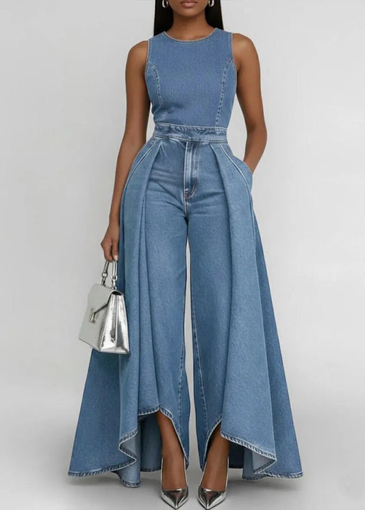 Beautiful Blue Silm Fit Patchwork Denim Wide Leg Pant Jumpsuit Sleeveless