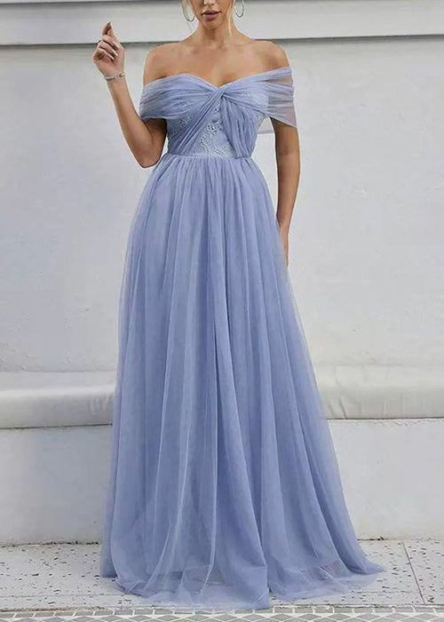 Beautiful Blue Slash Neck High Waist Tulle Maxi Dress Summer