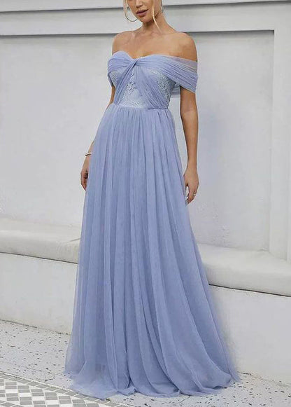Beautiful Blue Slash Neck High Waist Tulle Maxi Dress Summer