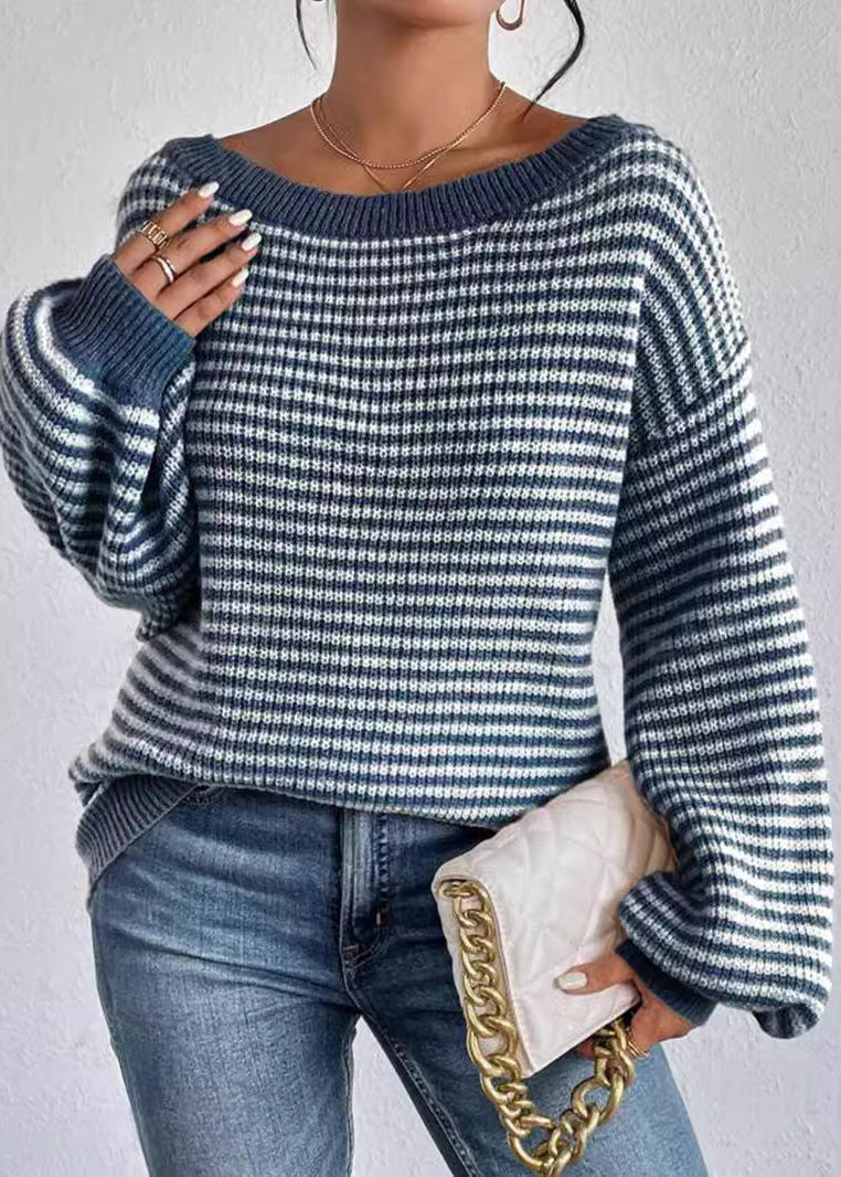 Beautiful Blue Slash Neck Striped Knit Sweater Spring