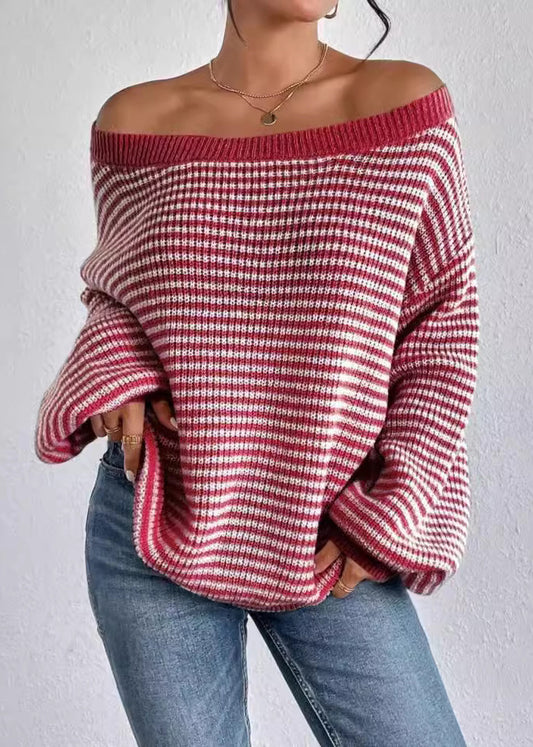 Beautiful Blue Slash Neck Striped Knit Sweater Spring