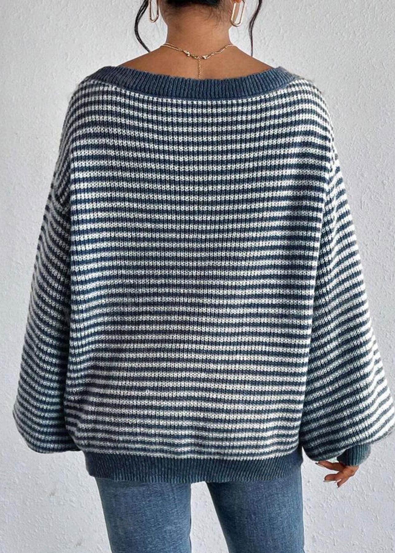 Beautiful Blue Slash Neck Striped Knit Sweater Spring