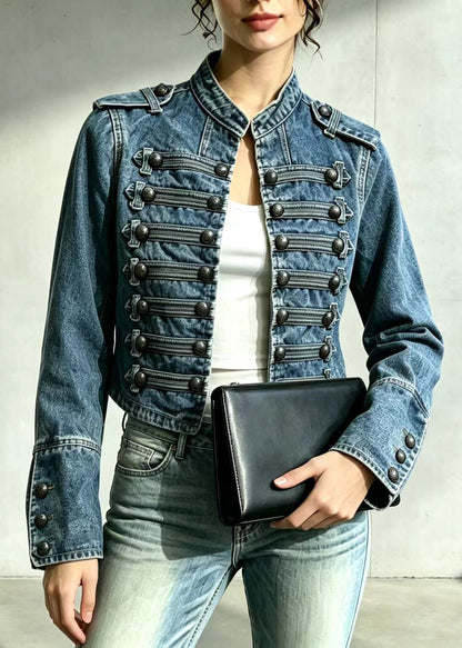 Beautiful Blue Stand Collar Multi-Row Buttons Cropped Denim Jacket Fall