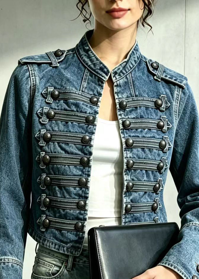 Beautiful Blue Stand Collar Multi-Row Buttons Cropped Denim Jacket Fall