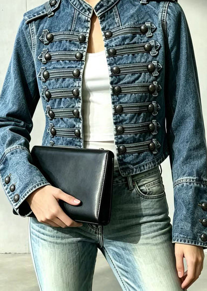 Beautiful Blue Stand Collar Multi-Row Buttons Cropped Denim Jacket Fall