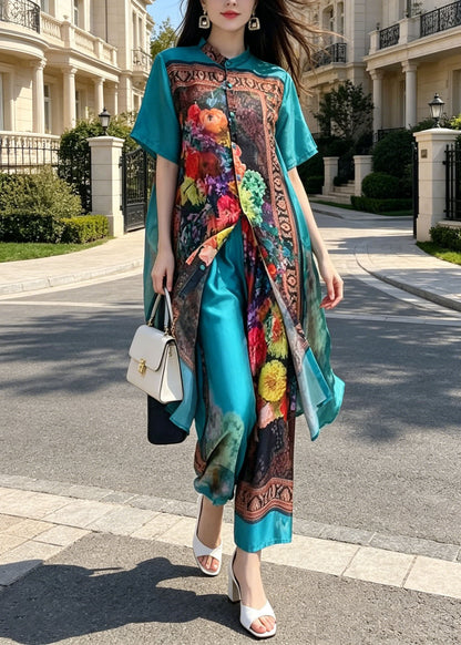 Beautiful Blue Stand Collar Print Silk Two Pieces Set Summer
