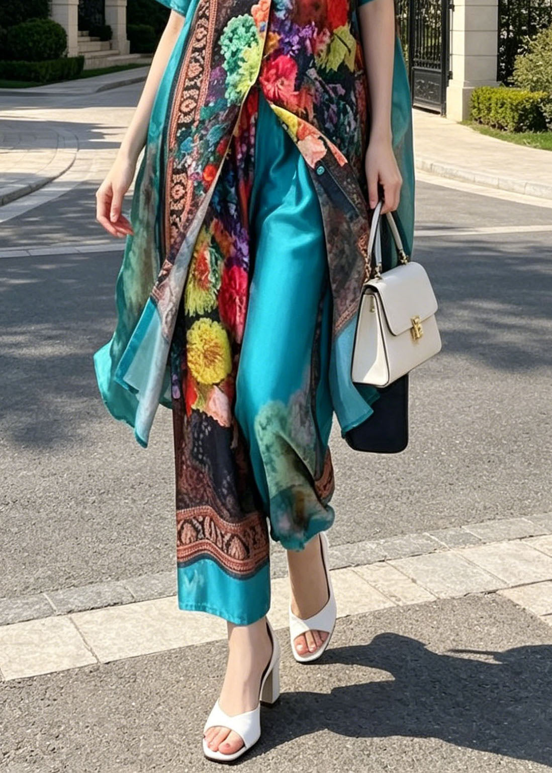 Beautiful Blue Stand Collar Print Silk Two Pieces Set Summer