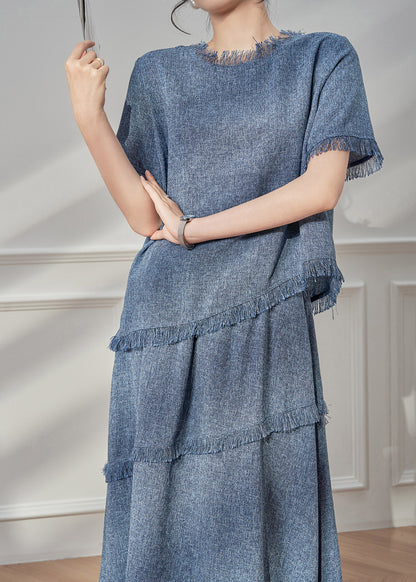 Beautiful Blue Tassel Patchwork T Shirt And Maxi Skirts Two Pieces Set Short Sleeve