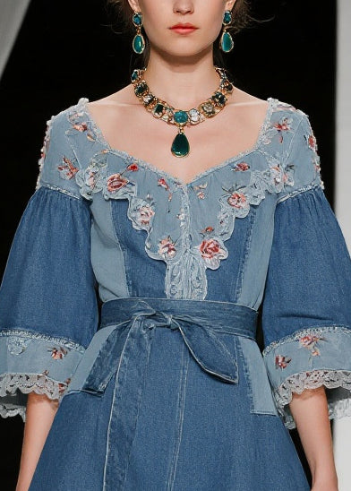 Beautiful Blue Tie Waist Patchwork Lace Denim Day Dress Summer