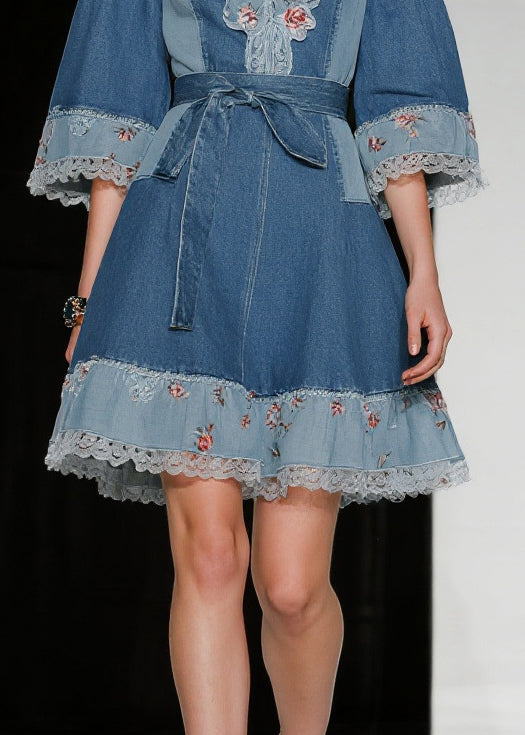 Beautiful Blue Tie Waist Patchwork Lace Denim Day Dress Summer