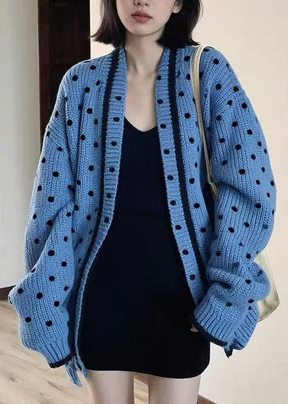 Beautiful Blue V Neck Dot Knitted Cotton Cardigans Fall