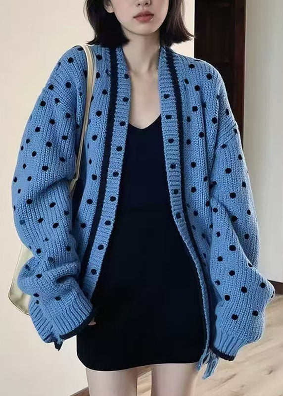 Beautiful Blue V Neck Dot Knitted Cotton Cardigans Fall