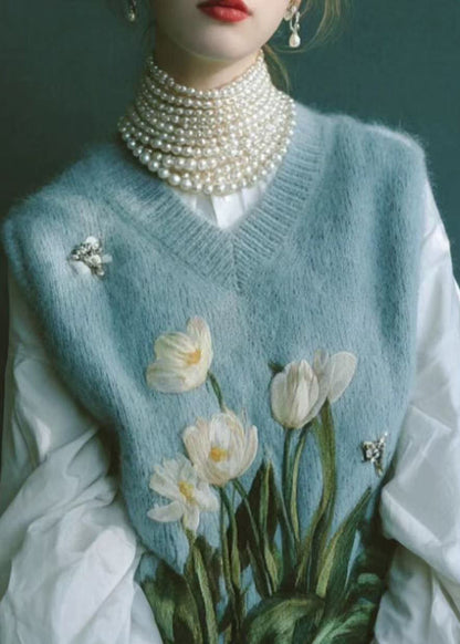 Beautiful Blue V Neck Embroidered Knit Vest Sleeveless