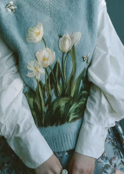 Beautiful Blue V Neck Embroidered Knit Vest Sleeveless