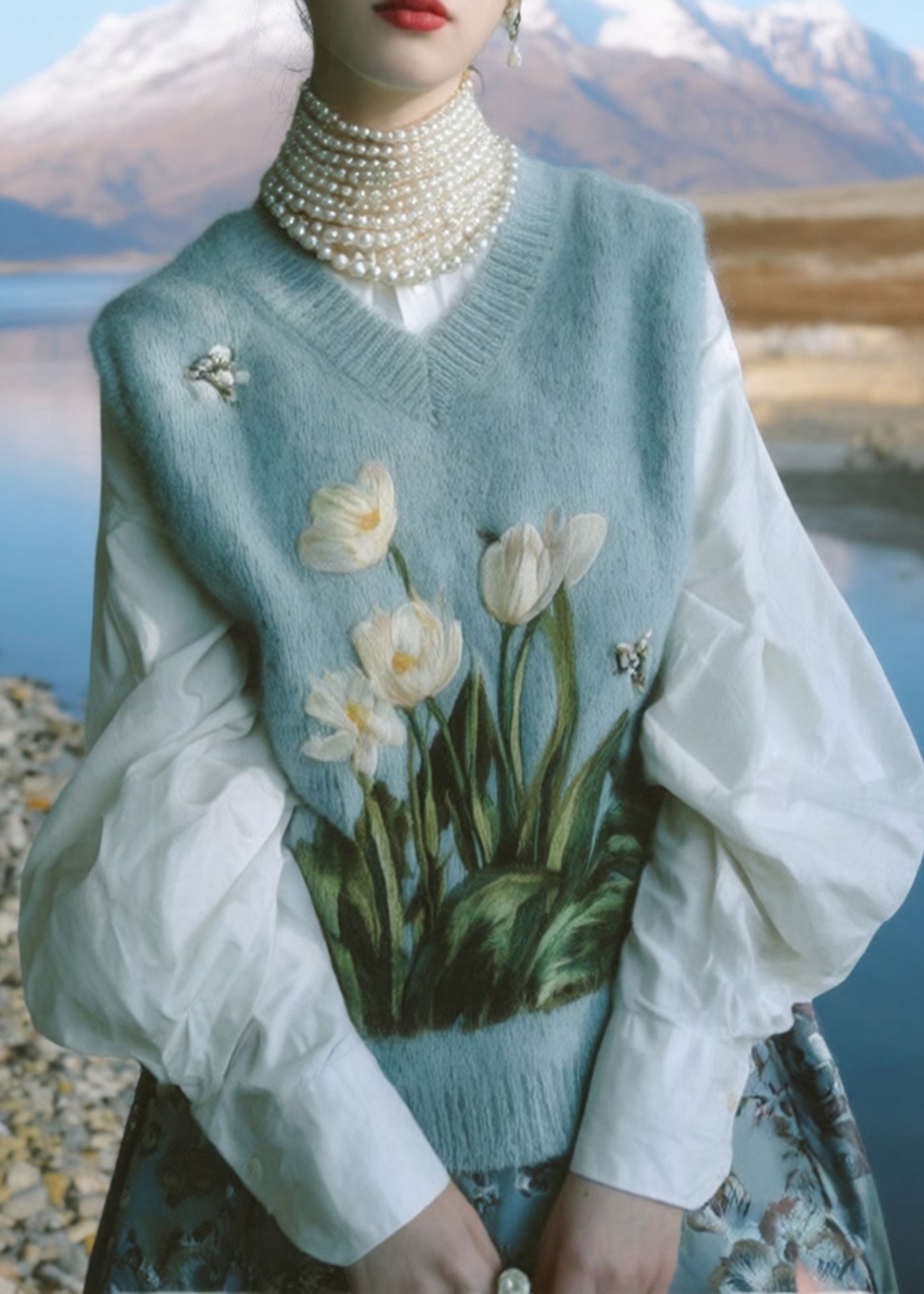 Beautiful Blue V Neck Embroidered Knit Vest Sleeveless