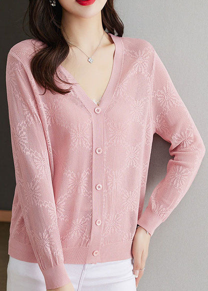 Beautiful Blue V Neck Hollow Out Patchwork Thin Knit Cardigan Fall