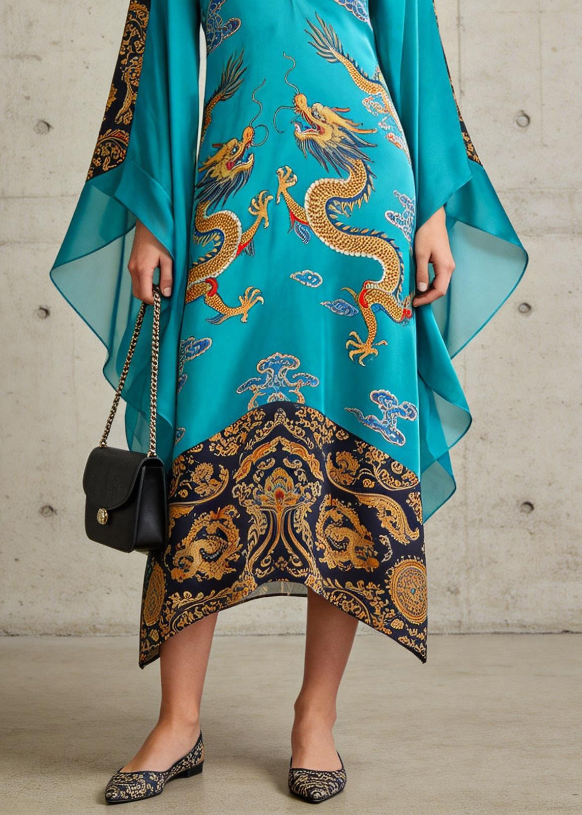 Beautiful Blue V Neck Oriental Print Chiffon Long Dress Flare Sleeve