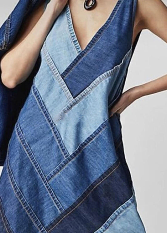 Beautiful Blue V Neck Patchwork Denim Dress Sleeveless