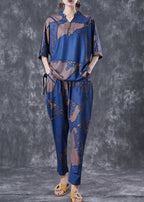 Beautiful Blue V Neck Print Cotton Two Piece Set Outfits Summer