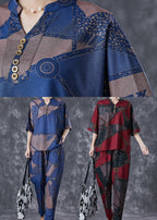 Beautiful Blue V Neck Print Cotton Two Piece Set Outfits Summer