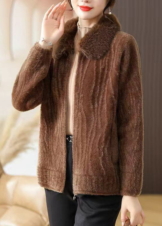 Beautiful Brown Fur Collar Zippered Mink Velvet Coat Winter