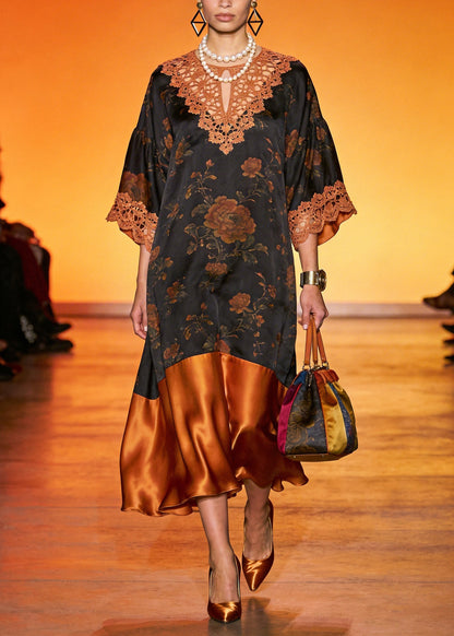 Beautiful Brown Hollow Out Patchwork Silk Party Dress Summer