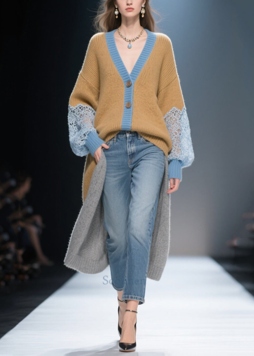 Beautiful Brown Low High Design Patchwork Lace Knit Cardigans Winter