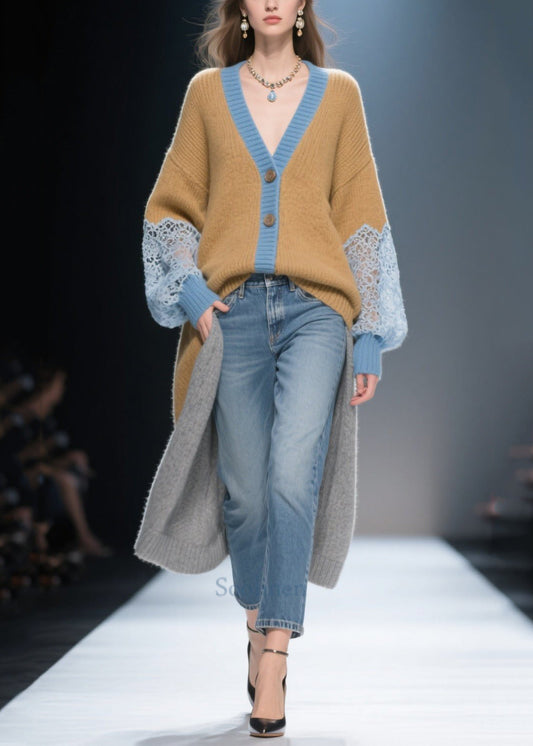 Beautiful Brown Low High Design Patchwork Lace Knit Cardigans Winter