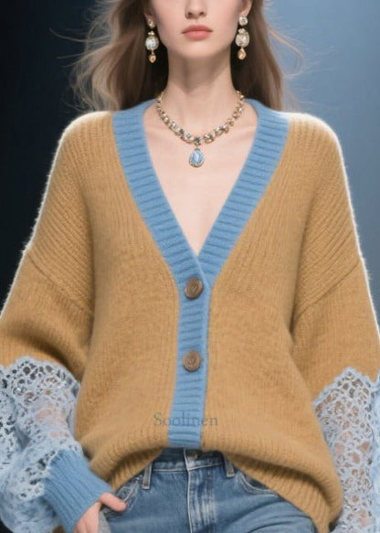Beautiful Brown Low High Design Patchwork Lace Knit Cardigans Winter